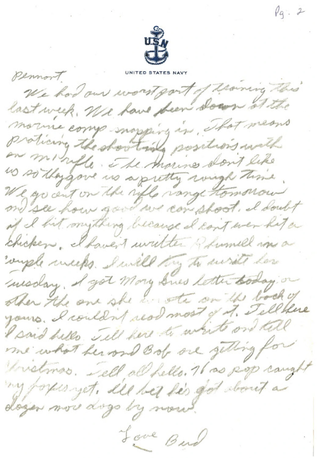 Handwritten Navy Recruit Letter, Page 2, "Love, Bud" — Barbara Rufus Mounce Correspondence, Bancroft Collection