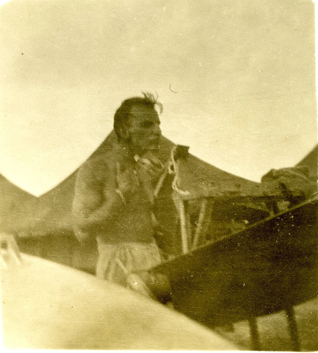 Man Beside Early Biplane Wing, Possible WWI-Era or Interwar Snapshot (Found in WWII Photo Album)