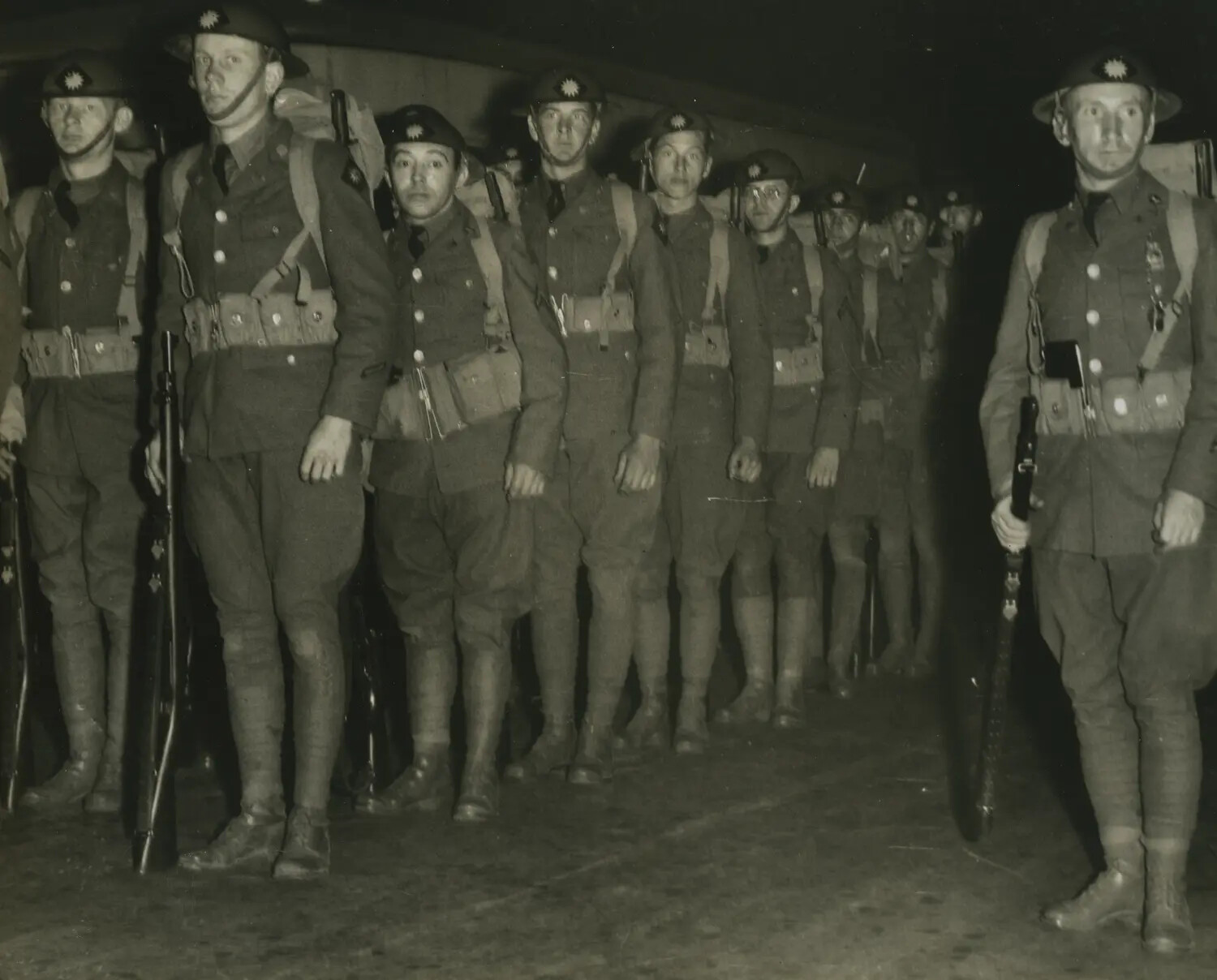 National Guard Infantrymen in Formation with Full Field Equipment, Night Deployment, 1934