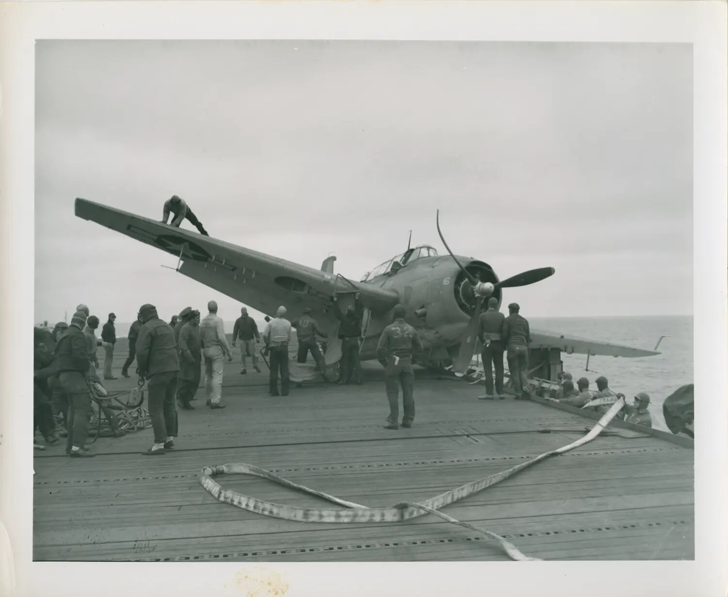 Damaged TBM/TBF Avenger on Flight Deck, USS Petrof Bay (CVE-80), WWII