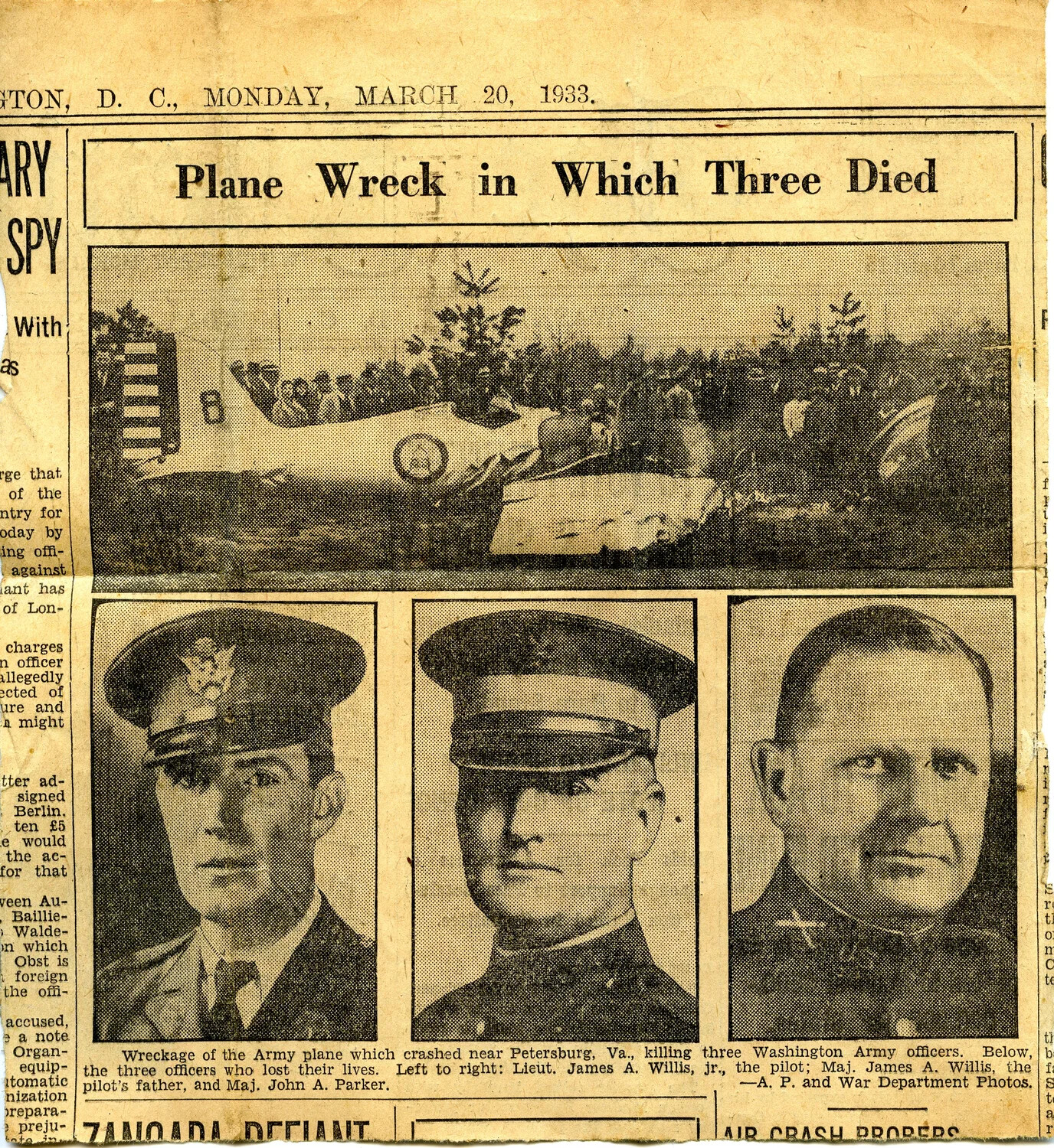 Newspaper Clipping, 'Plane Wreck in Which Three Died,' Washington D.C., March 20, 1933 - Petersburg, Virginia Army Aircraft Crash