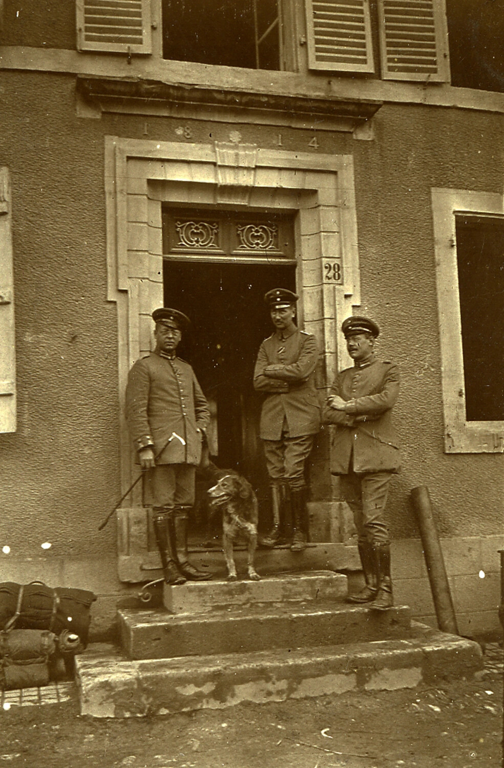 German Army Officers with Mascot Dog Outside Requisitioned Building No. 28, WWI