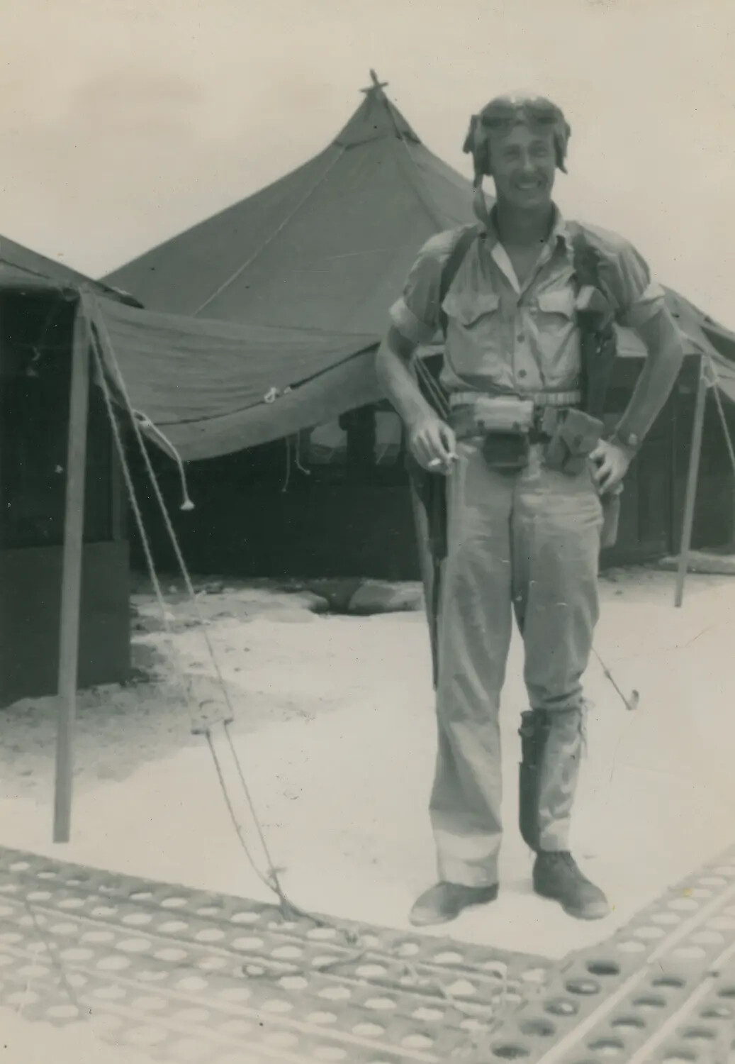 Naval Aviator at Forward Pacific Airfield Tent Camp, WWII
