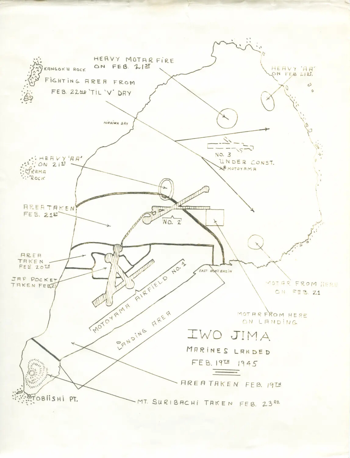 Hand-Drawn Battle Map of Iwo Jima, February 1945
