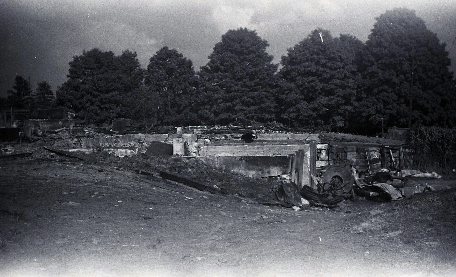 Wide View of Dairy Barn Foundation Ruins with Scattered Milk Cans, Rural New England, c. 1940s