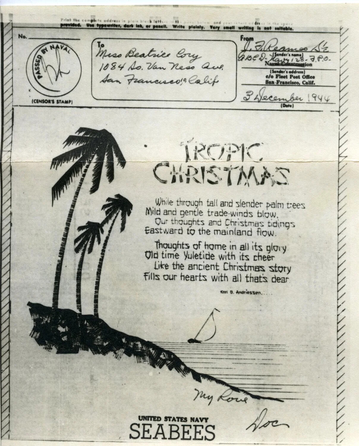 V-Mail Cartoon Stationery, "Tropic Christmas," U.S. Navy Seabees, 3 December 1944