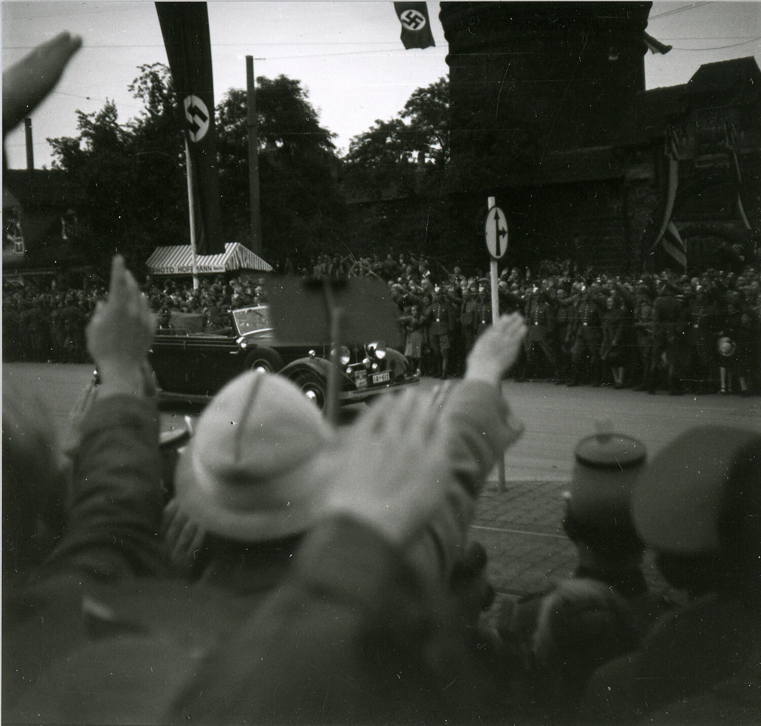 Nazi Party Rally Motorcade, Crowd Performing Hitler Salute, Nuremberg, Germany, 1930s