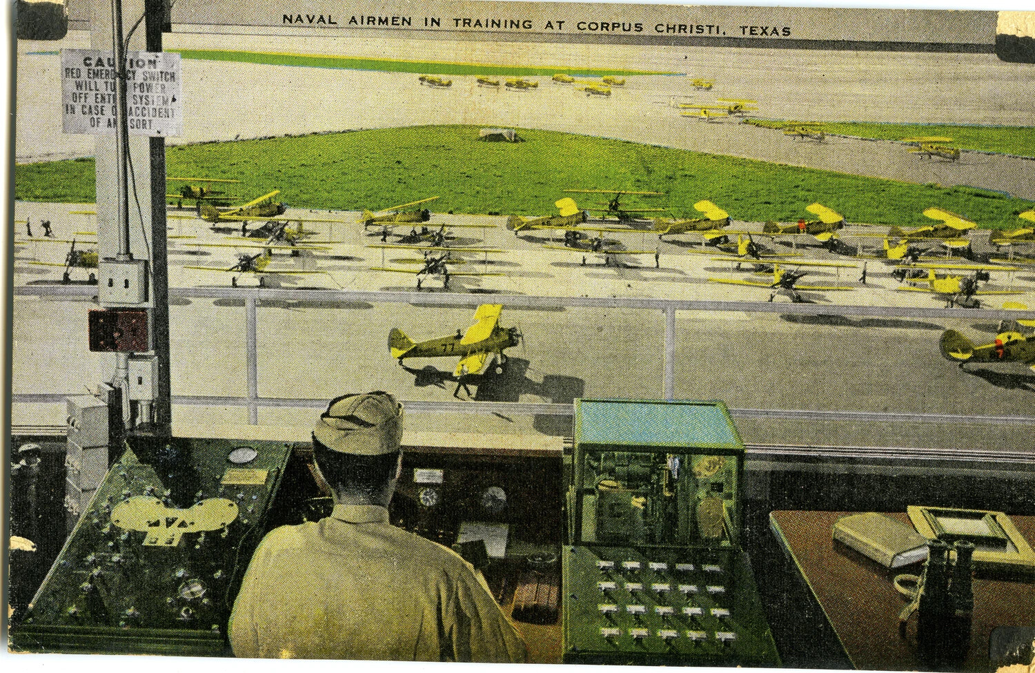 "Naval Airmen in Training at Corpus Christi, Texas" — Control Tower View of Flight Line with Yellow Primary Trainers, WWII-Era Postcard