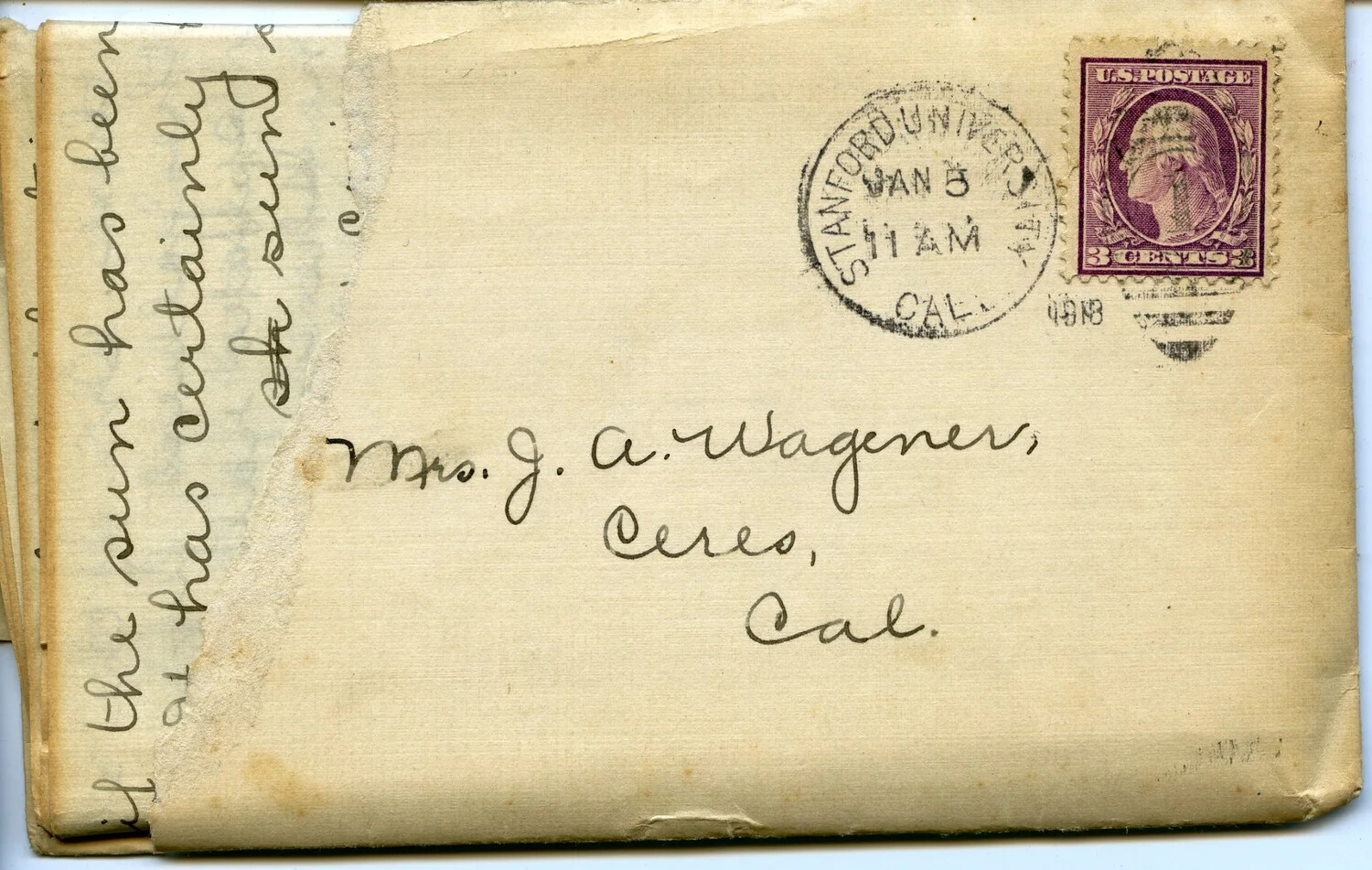 Envelope Addressed to Mrs. J. A. Wagener, Postmarked Stanford University, California, WWI Era