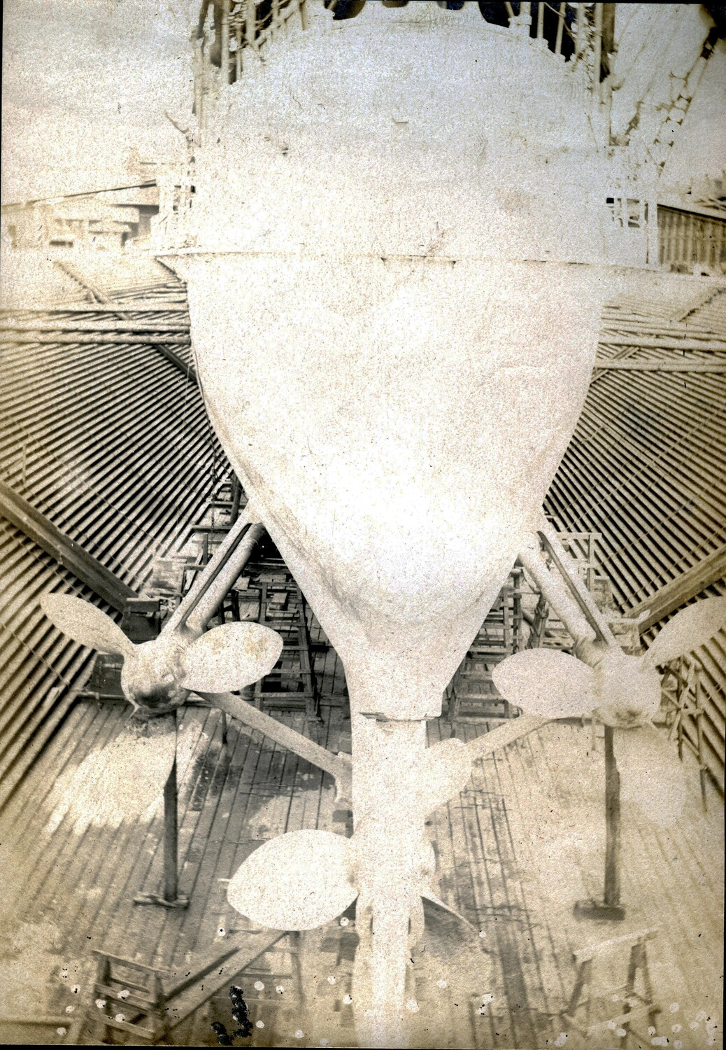 USS Columbia Stern and Triple-Screw Propellers in Dry Dock, Philadelphia (Unmounted, Faded Photograph)