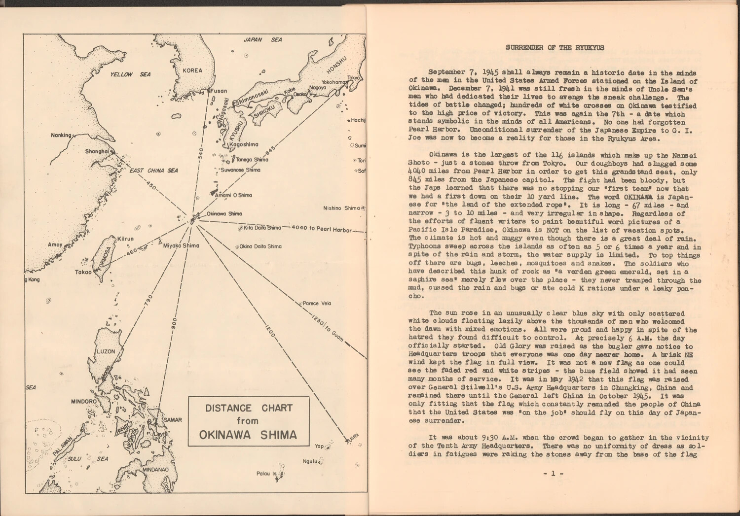"Surrender of the Ryukyus" — Map and Narrative Page from WWII Unit History Album