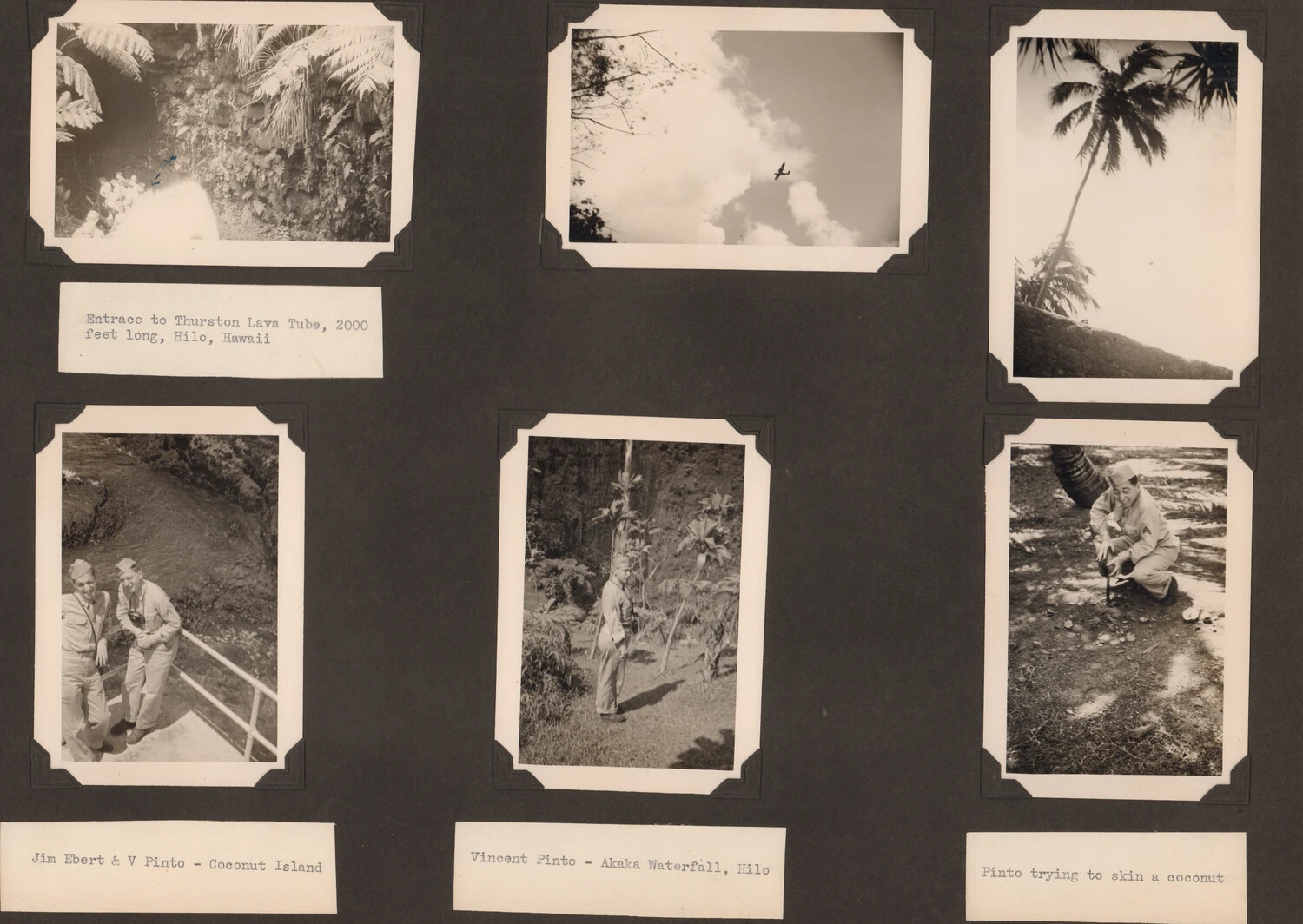 WWII-Era Photo Album Page: Servicemen Sightseeing on the Island of Hawaii (Thurston Lava Tube, Coconut Island, Akaka Falls)