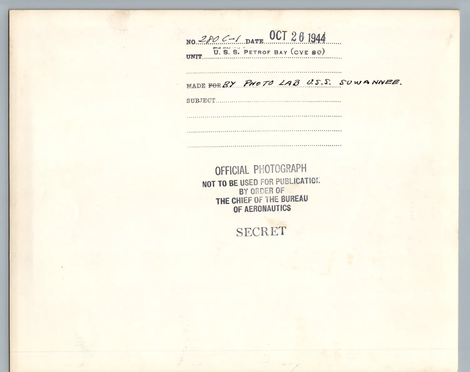 Caption Card, Official U.S. Navy Photograph No. 280 C-1, USS Petrof Bay (CVE-80), 26 October 1944, Processed by USS Suwannee Photo Lab