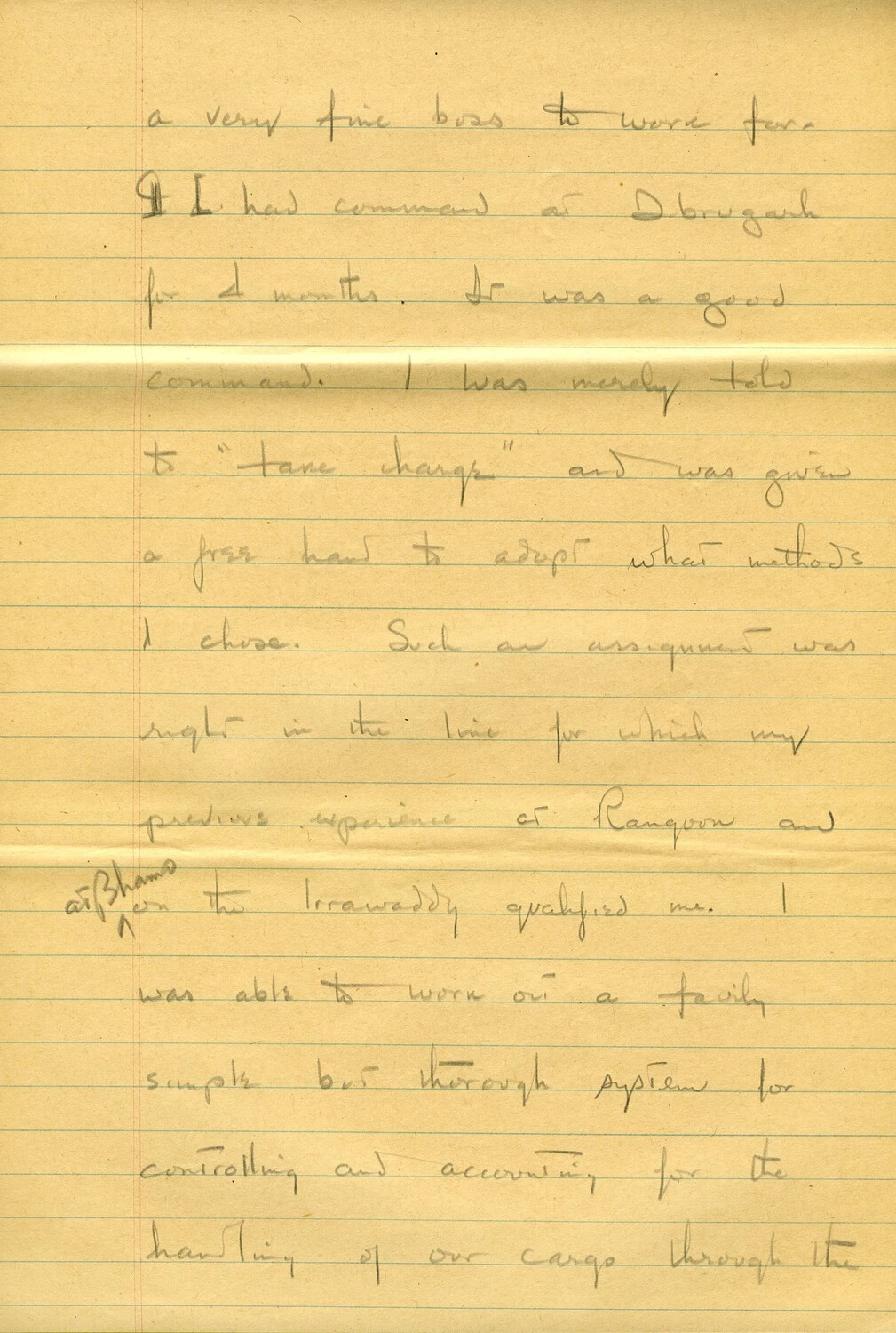 Handwritten Memoir Page Describing Cargo Command at Dibrugarh, Rangoon, and Bhamo, CBI Theater, WWII