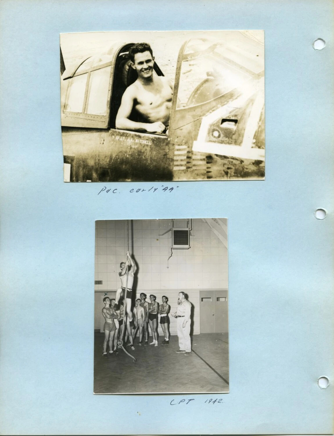 Album Page: Airman in Aircraft Cockpit (Pacific Theater) and Gymnasium Rope-Climb Training, 1942