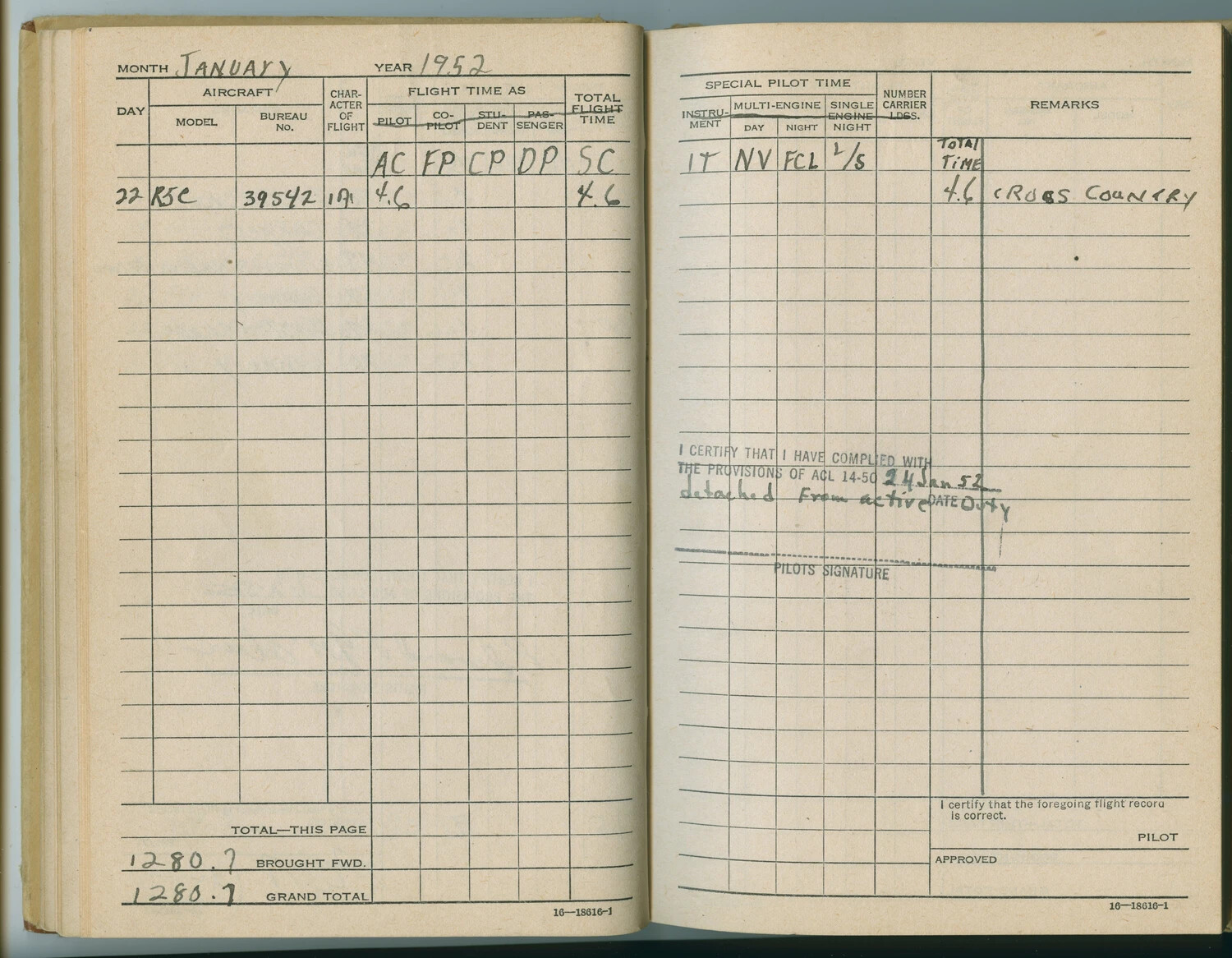 Pilot's Flight Log Book, January 1952 - R5C Commando, Bureau No. 39542, Pat McAleer Collection