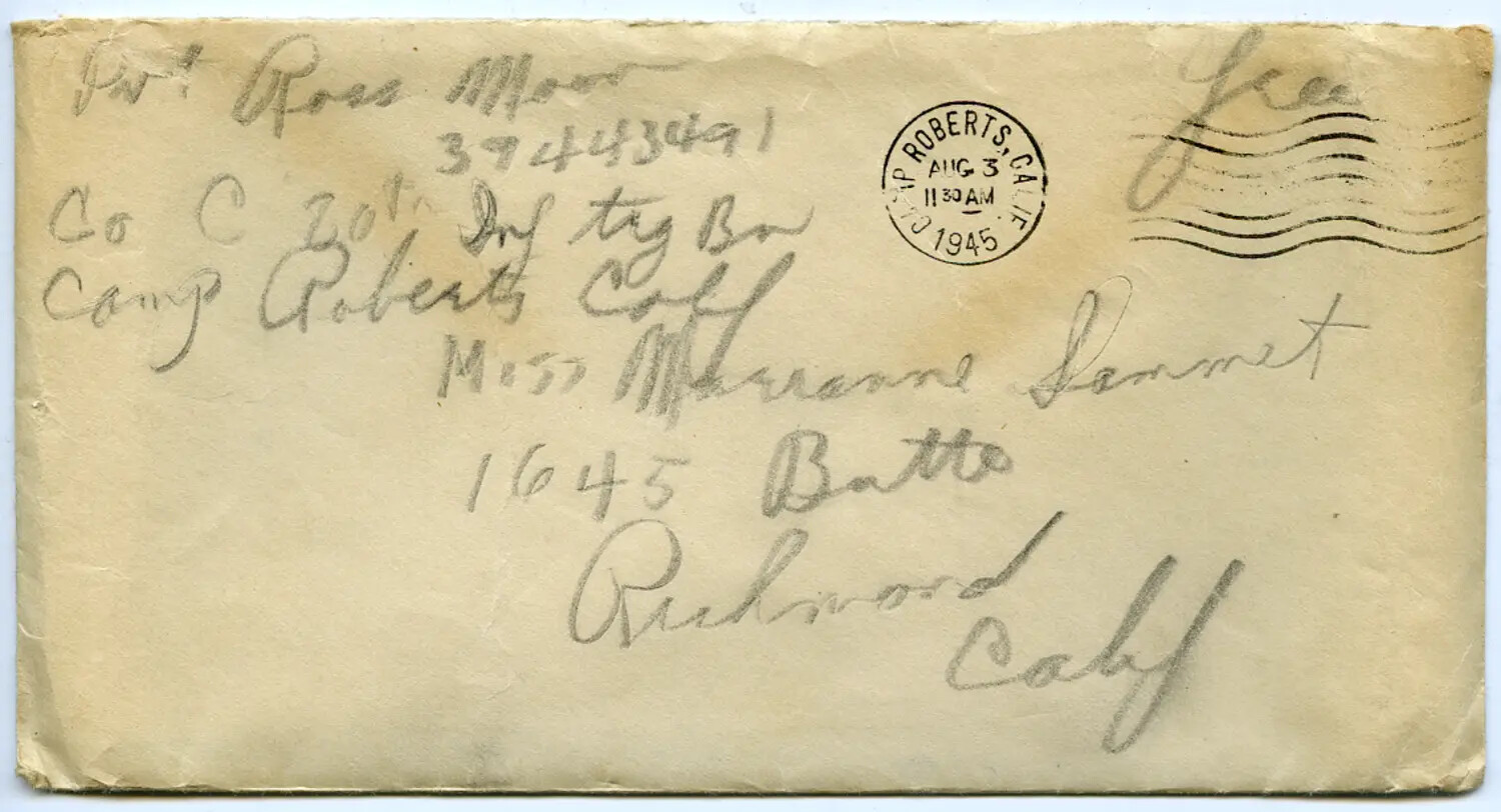 WWII Military Mail Envelope, Pvt. Ross Moon to Miss Marianne Sammet, Camp Roberts, California, August 1945