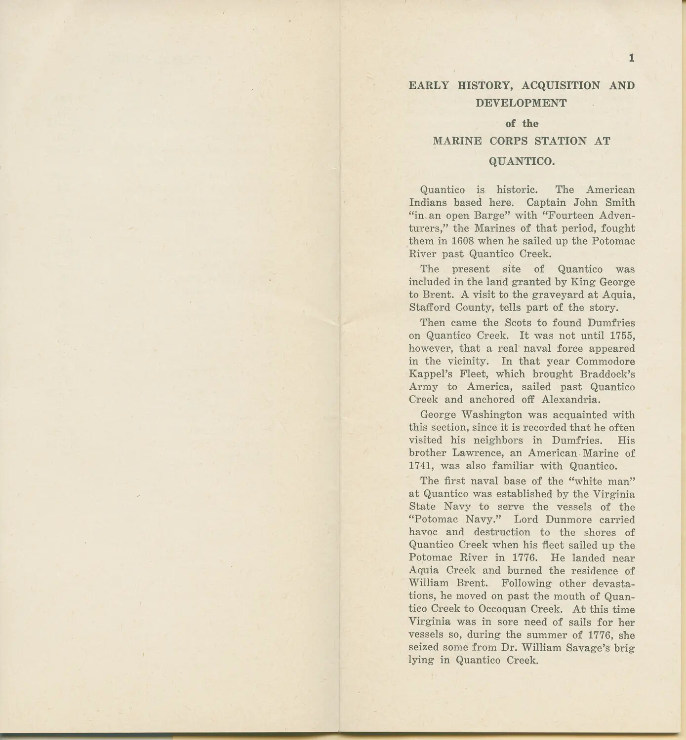 Booklet Page: "Early History, Acquisition and Development of the Marine Corps Station at Quantico" — McAleer Document Collection