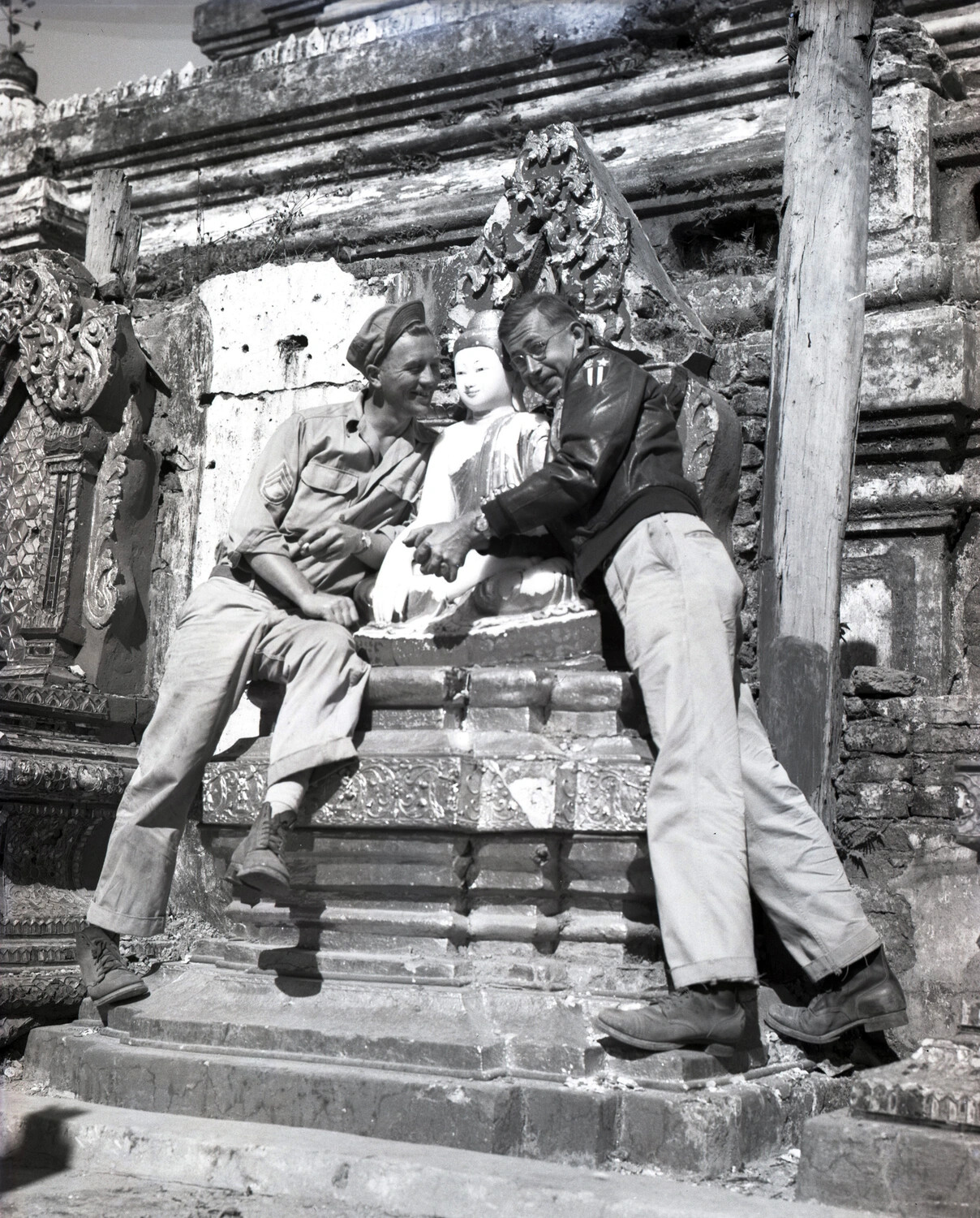 American Servicemen Posed with Buddha Statue at Damaged Burmese Pagoda, CBI Theater, WWII