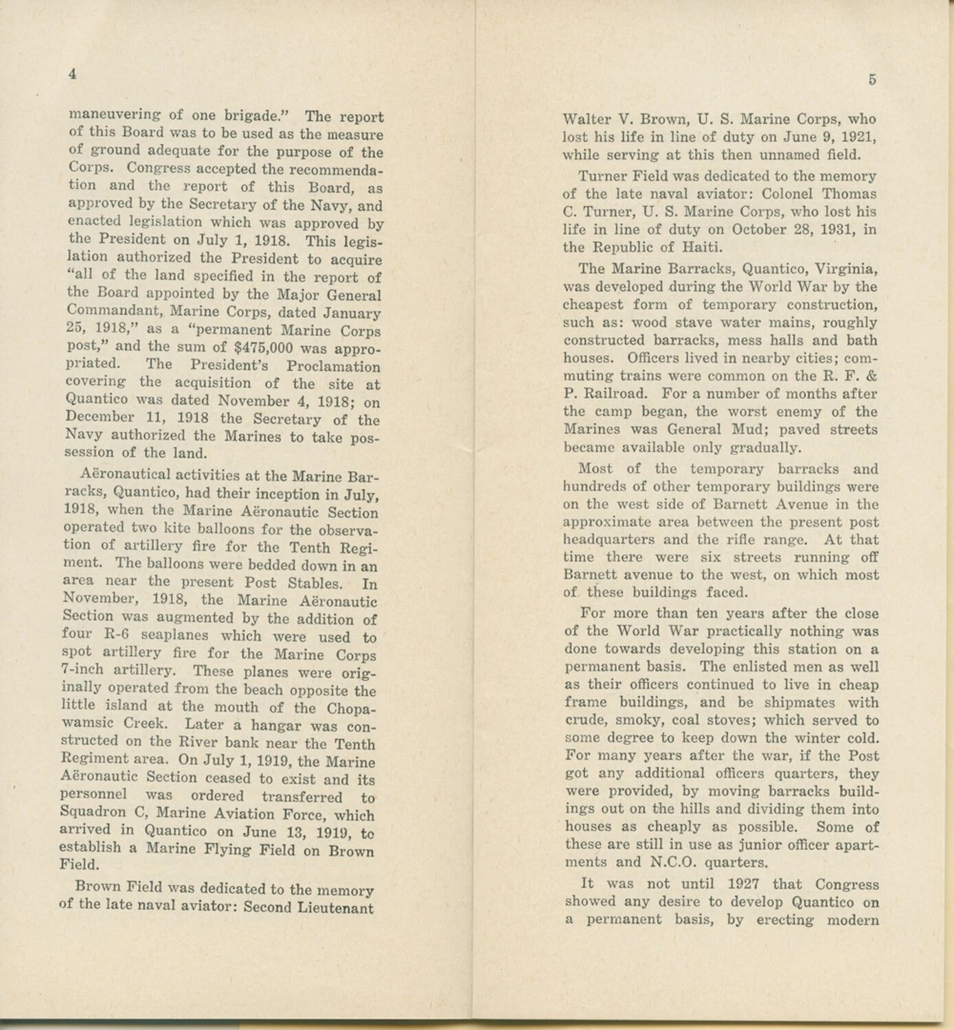 Printed History of Marine Barracks Quantico, Virginia -- Pages 4-5