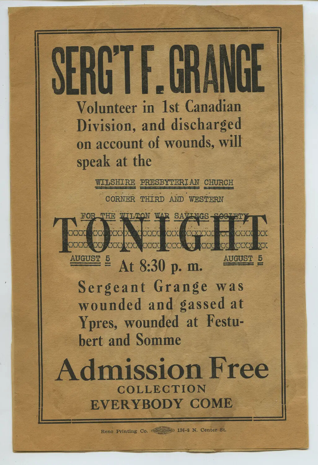 WWI-Era Broadside: 'Serg't F. Grange, Volunteer in 1st Canadian Division' War Savings Society Speaking Announcement
