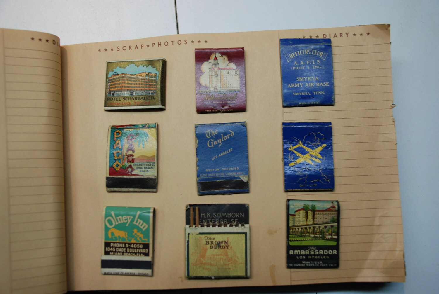 Scrapbook Page with Matchbooks from Smyrna Army Air Base and Notable 1940s Hotels/Nightclubs