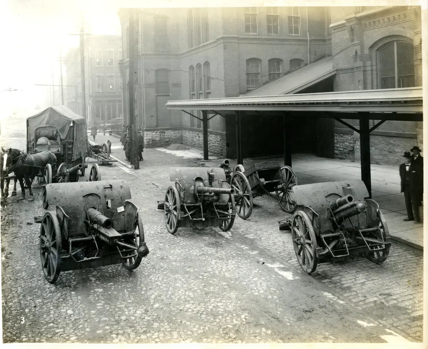 Row of Captured German Field Guns Staged on City Street, WWI War-Trophy Display, Cincinnati, Ohio, c. 1919