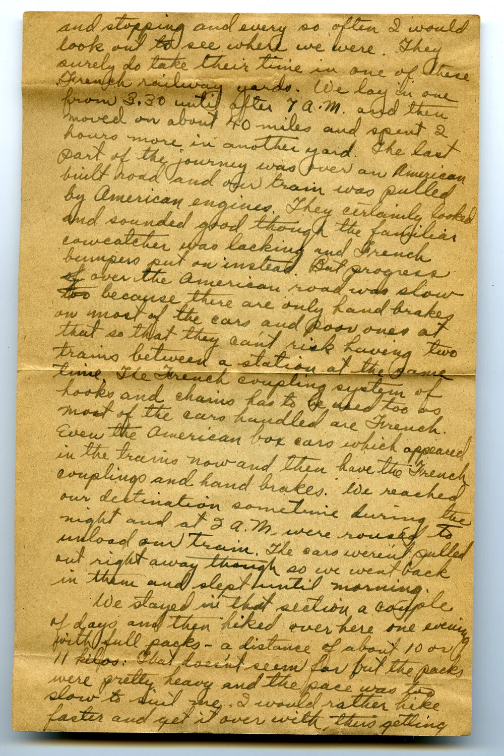 Handwritten WWI Letter, Pvt. Willis W. Wagener — Page Describing Train Travel and March in France