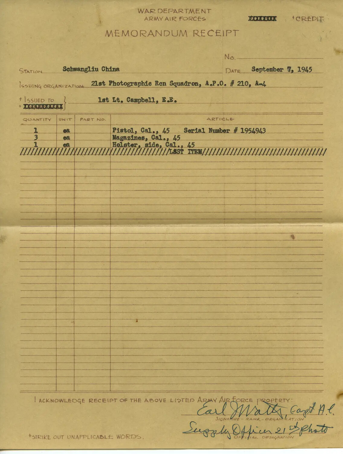 War Department Memorandum Receipt, 21st Photographic Reconnaissance Squadron, Schwangliu China, September 7, 1945