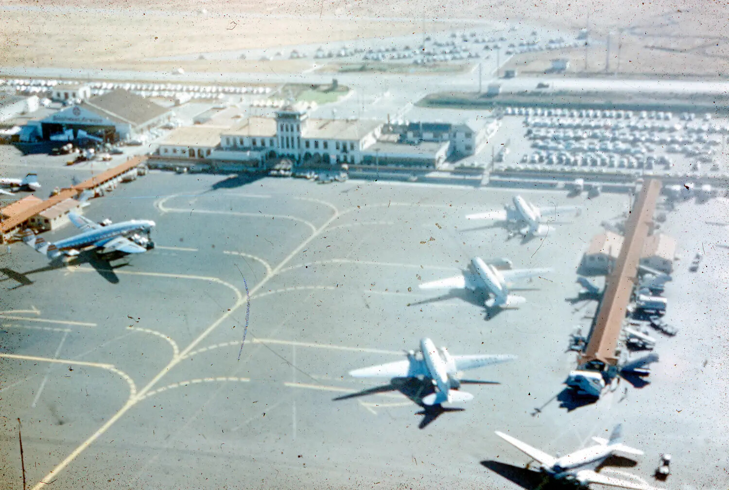 Aerial View of Commercial Airport Ramp with Piston-Engine Airliners — Thule AFB Greenland Slide Collection (Stopover Airport)