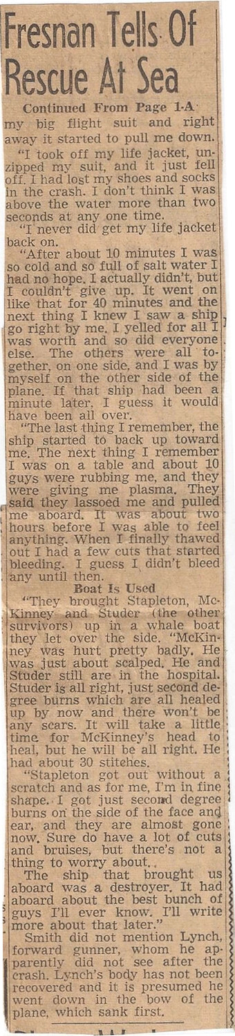 Newspaper Article: 'Fresnan Tells Of Rescue At Sea,' Korean War Aircrew Ditching Survivor Account
