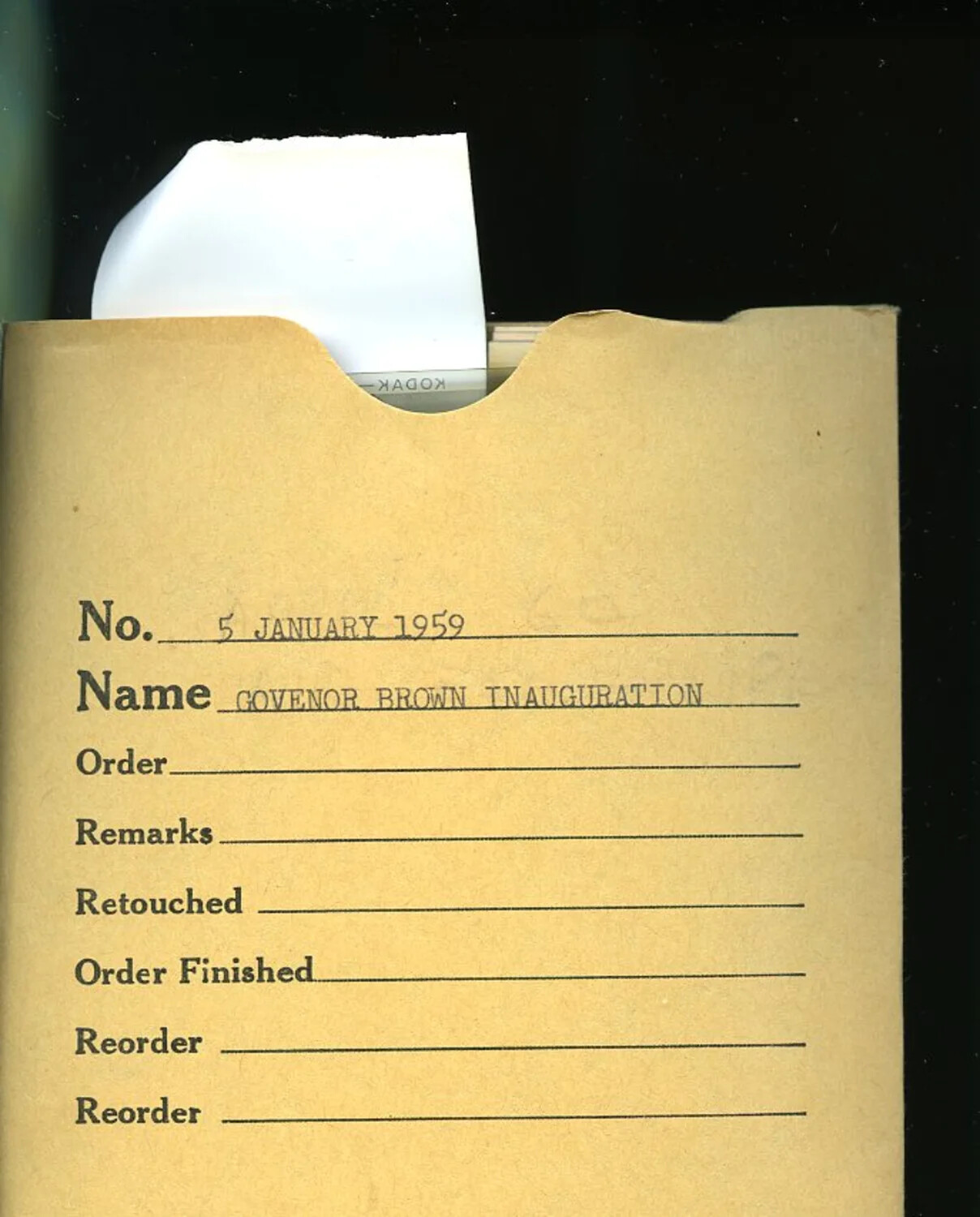 Photographic Order Envelope Labeled 'Governor Brown Inauguration,' January 5, 1959