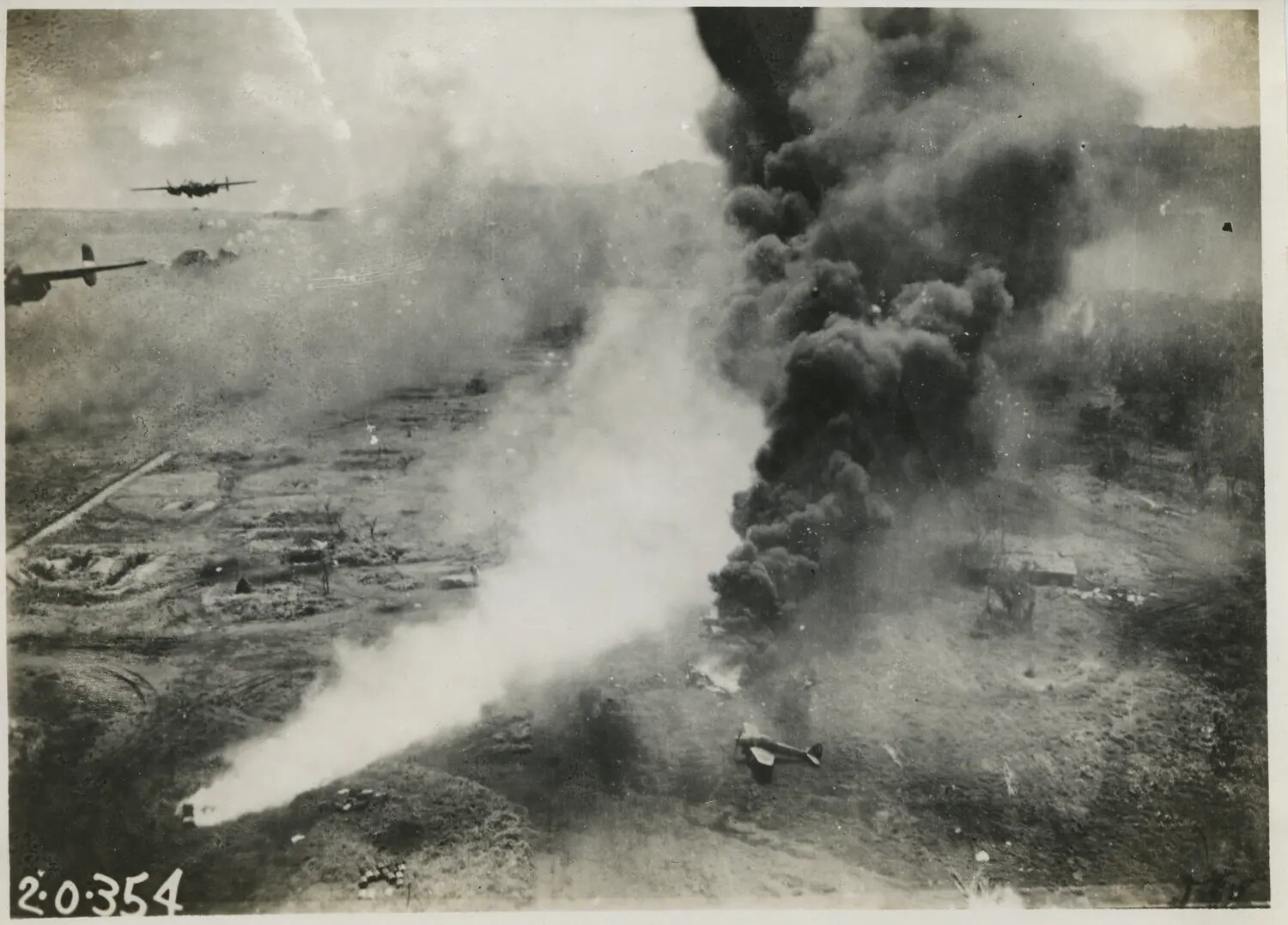 A-20 Havocs Attack Airfield Amid Massive Fuel Dump Explosion, 312th Bomb Group, WWII Pacific Theater