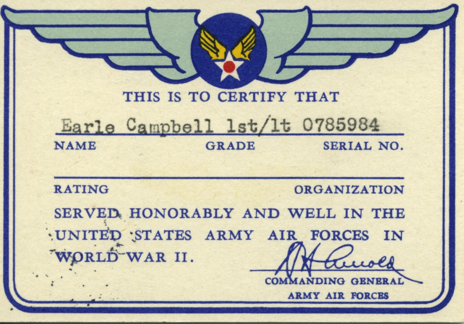 World War II U.S. Army Air Forces Honorable Service Certificate Issued to 1st Lt. Earle Campbell