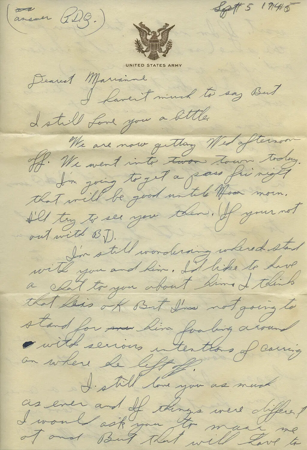 Handwritten U.S. Army Letter Dated September 5, 1945, Addressed to 'Dearest Marianne'