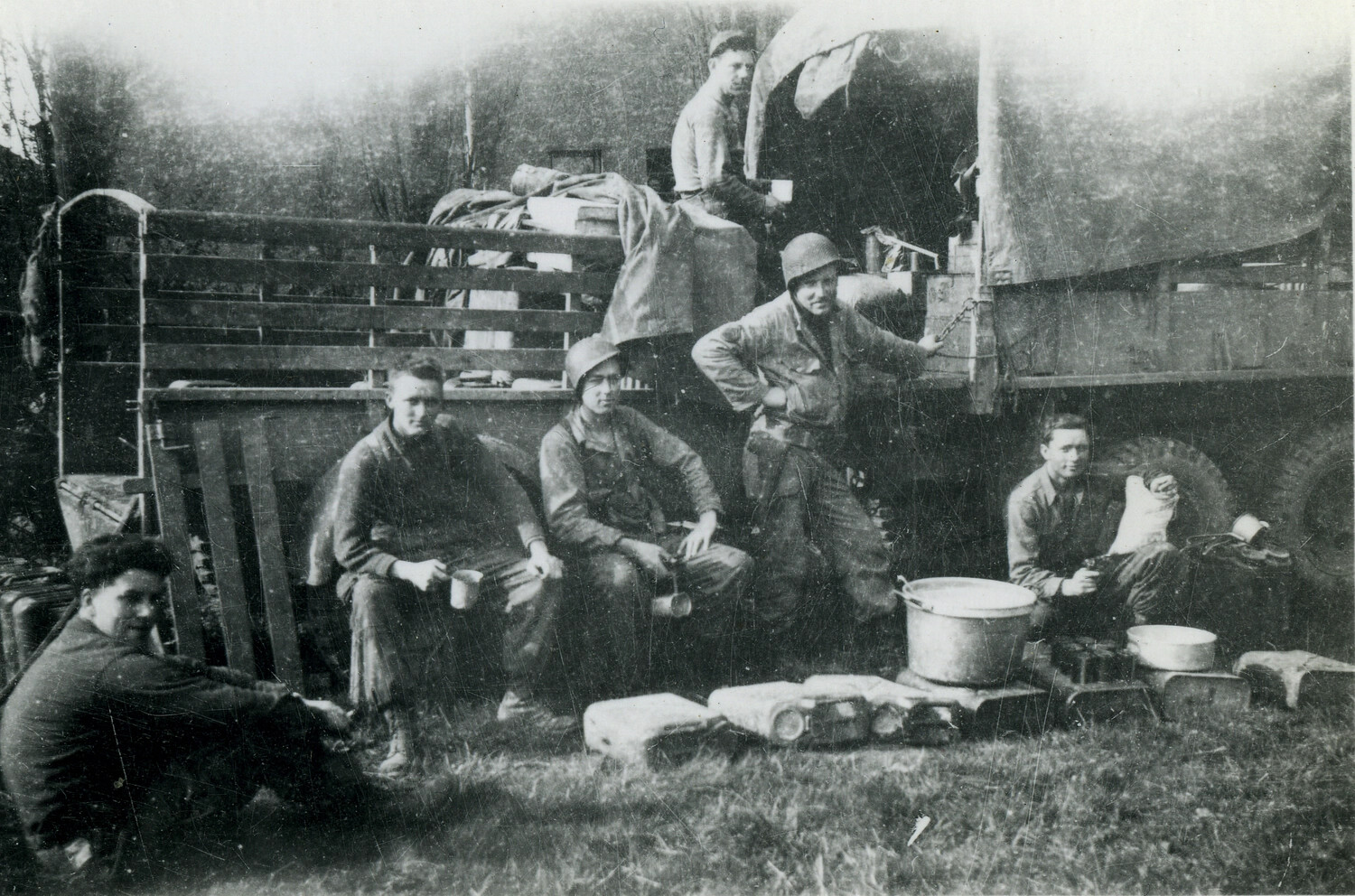 101st Airborne Soldiers at Field Mess Stop Beside Cargo Truck, WWII