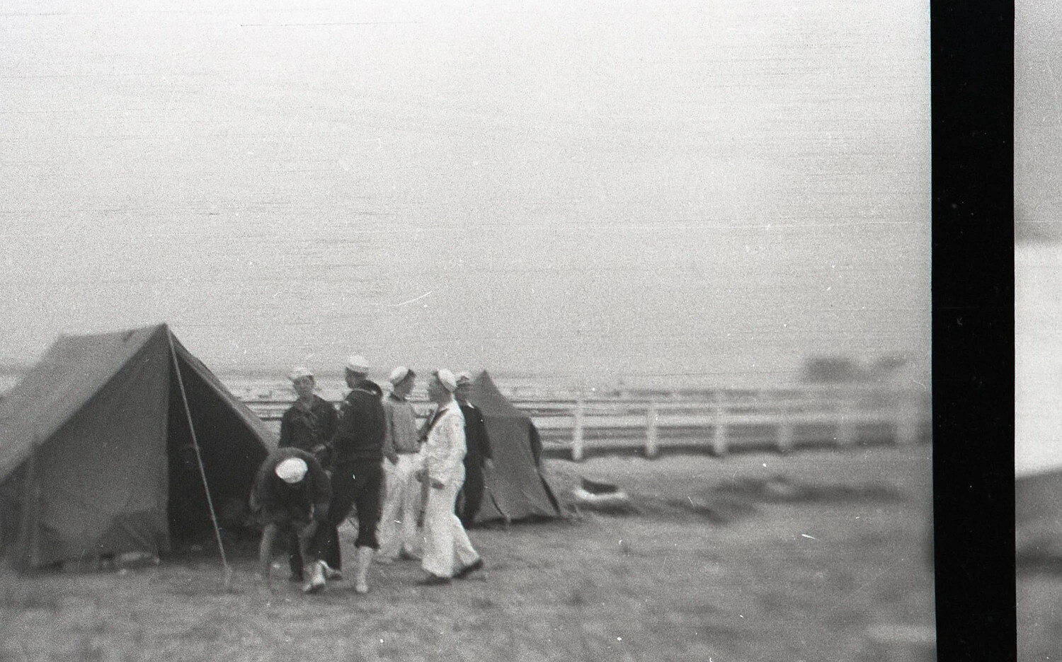 Group Beside Pitched Tents Near Coastal Field, Alternate View, State-Side, WWII Era