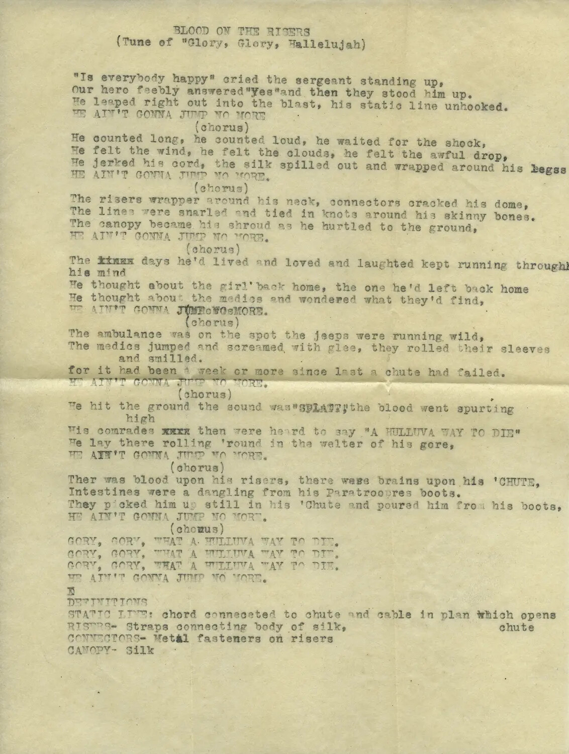 Typed Lyric Sheet: "Blood on the Risers" (Airborne Parachute Infantry Song), WWII-Era Document