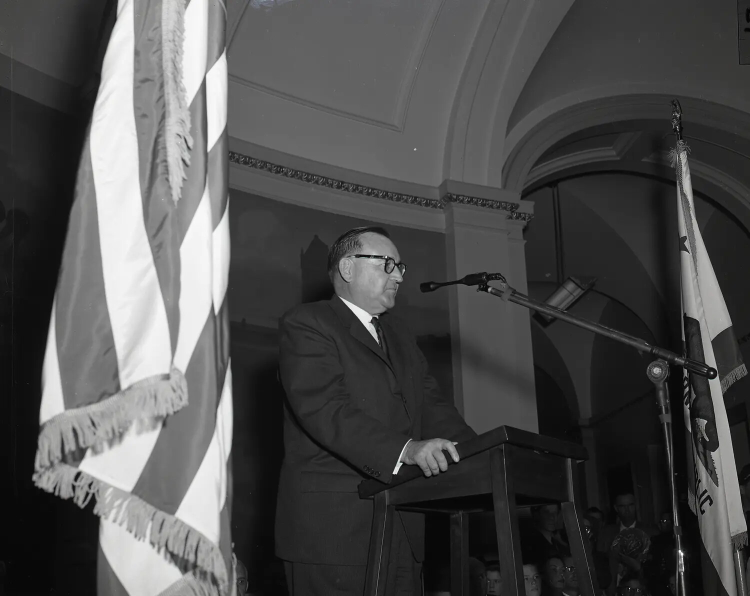 Civilian Dignitary Addressing Audience at California State Capitol Rotunda, National Guard Ceremony