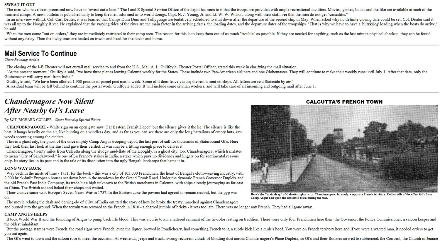 CBI Roundup Newspaper Page: 'Sweat It Out' Conclusion, Mail Service Notice, and 'Chandernagore Now Silent' Feature on Camp Angus, WWII India-Burma Theater