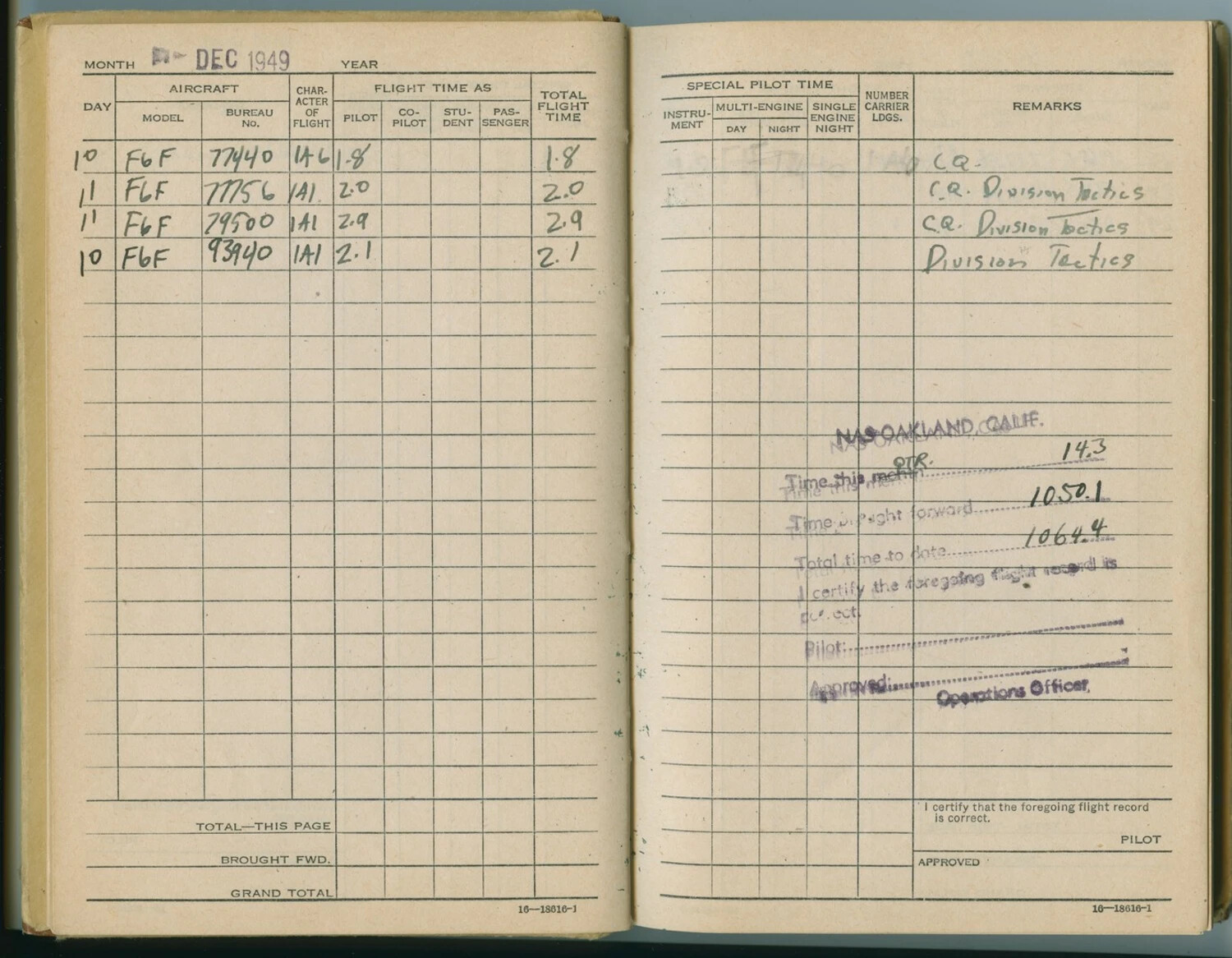 U.S. Navy Flight Logbook, Pat McAleer — December 1949 Entries, F6F Hellcat Training Flights
