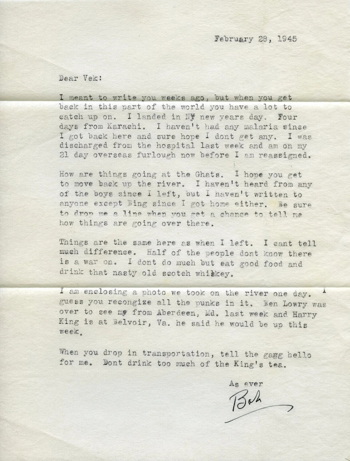 Personal Letter to Lt. R. L. Vekroff ('Vek') from 'Bob,' February 28, 1945 – CBI Theater River Transportation Unit Correspondence