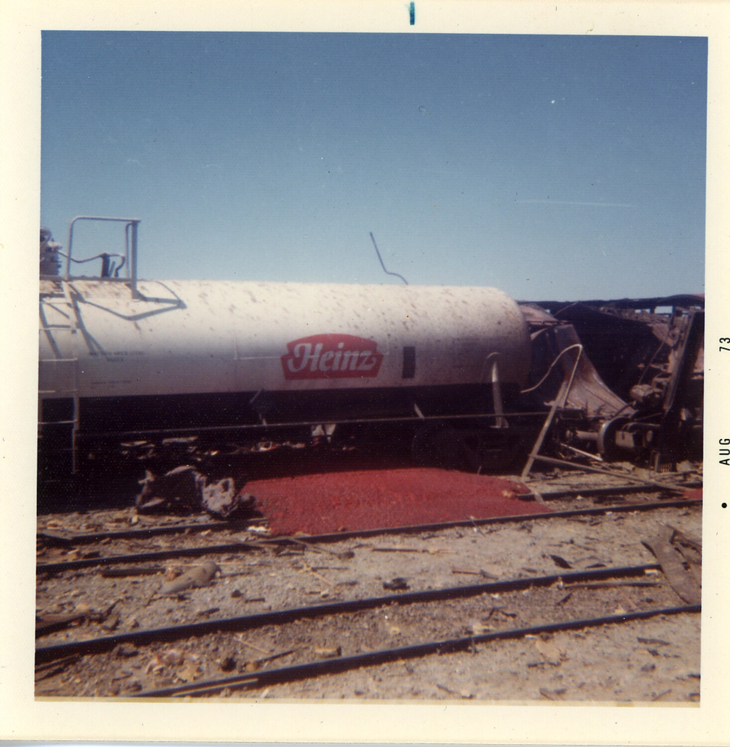 Wrecked Heinz Tank Car Amid Debris, Roseville Yard Disaster Aftermath, August 1973
