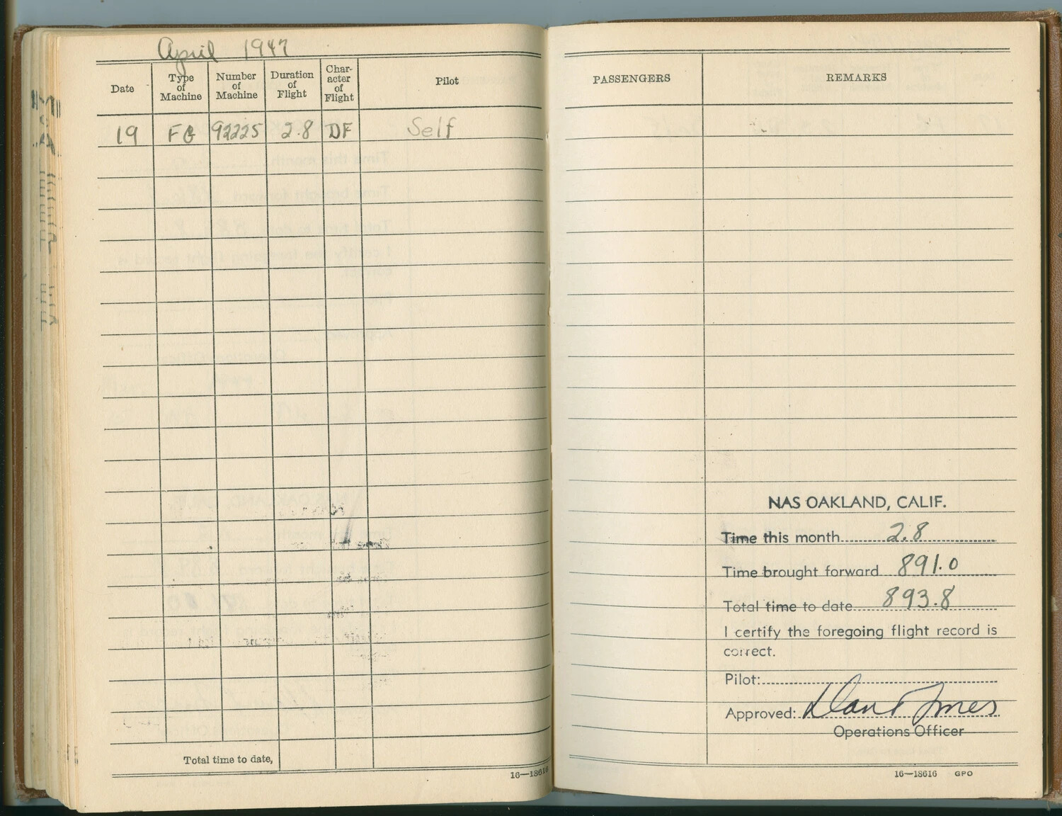 U.S. Navy Pilot Flight Log Book, April 1947 — NAS Oakland, FG (Corsair) Entry, McAleer Collection