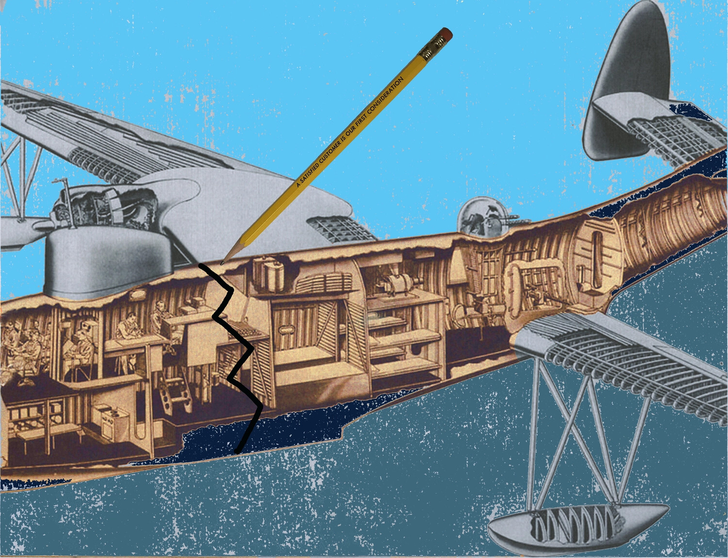 Composite Advertising Illustration: Cutaway Flying Boat with "Broken" Fuselage and Pencil Graphic