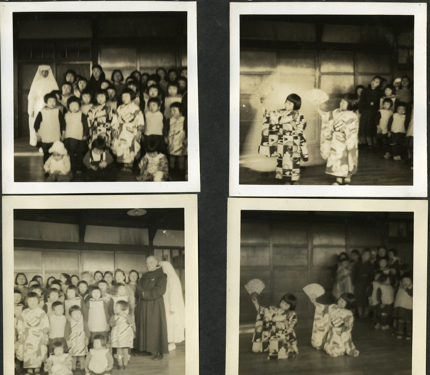Japanese Children with Catholic Religious Figures and Kimono-Clad Dancers — Mission/Orphanage Album Page