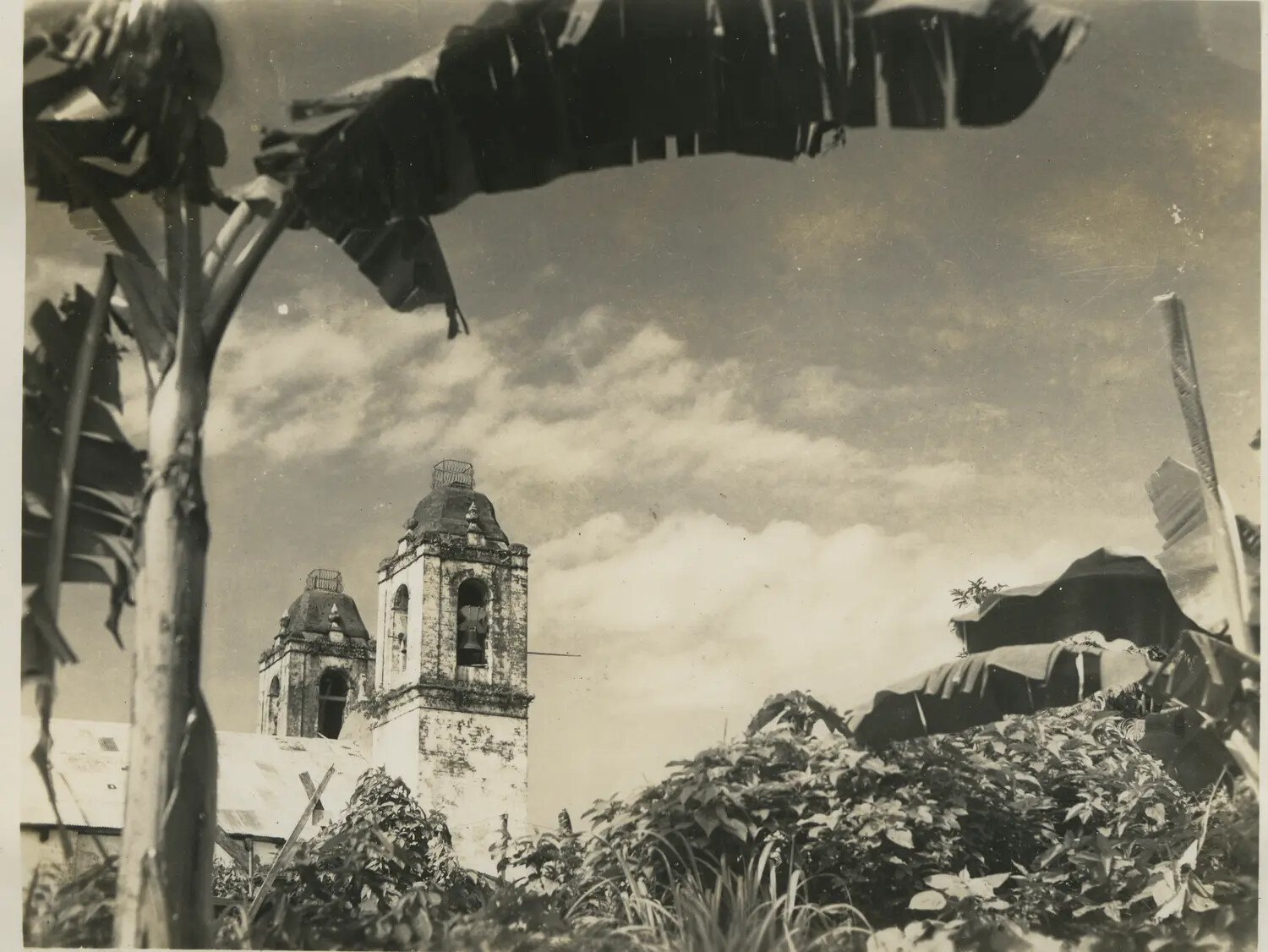 Spanish Colonial Church Bell Towers Viewed Through Banana Fronds — Philippines Vicinity, 312th Bomb Group Personal Photograph