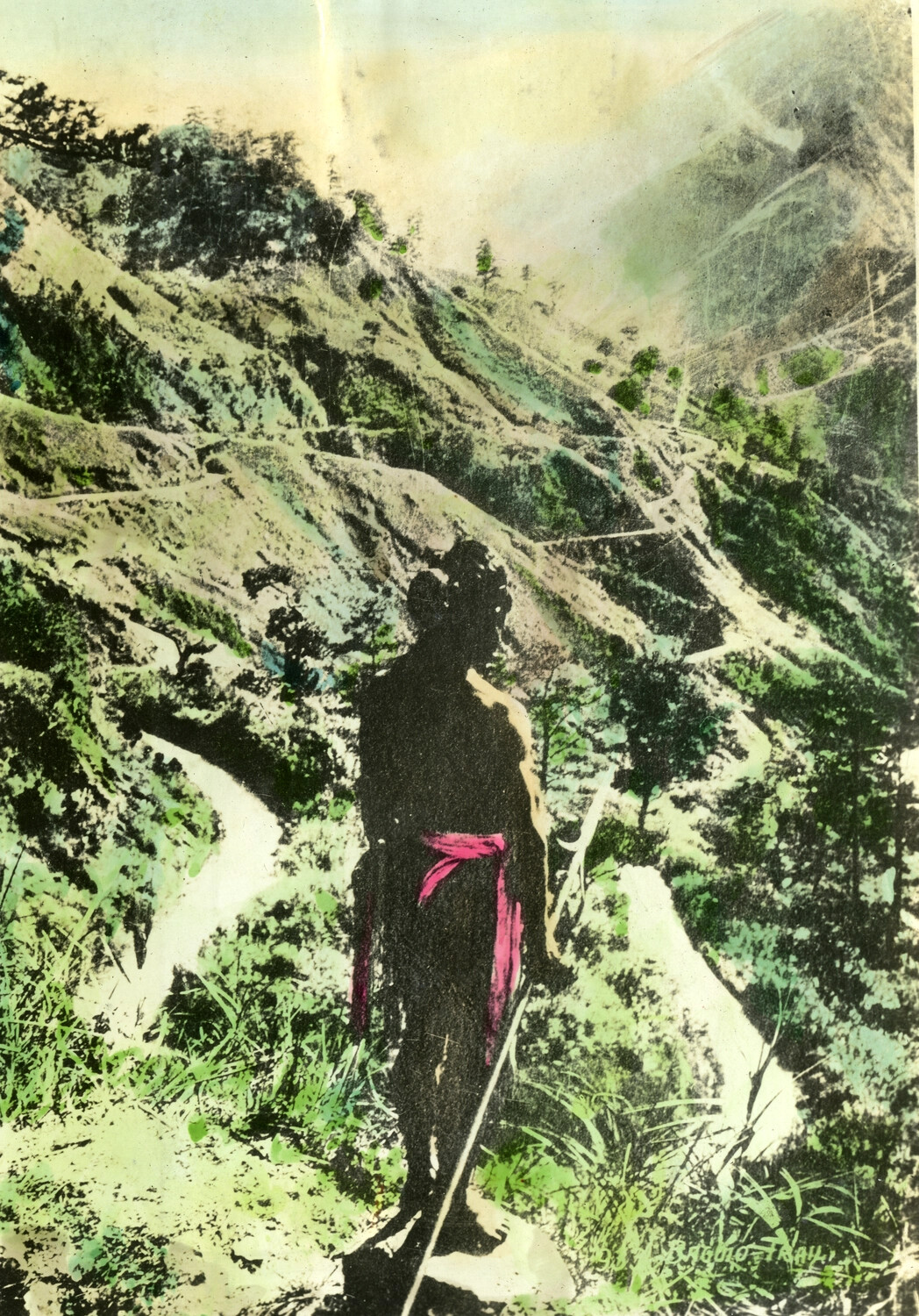 Silhouetted Figure on Mountain Trail, Cordillera Highlands, Philippines, Hand-Tinted Photograph