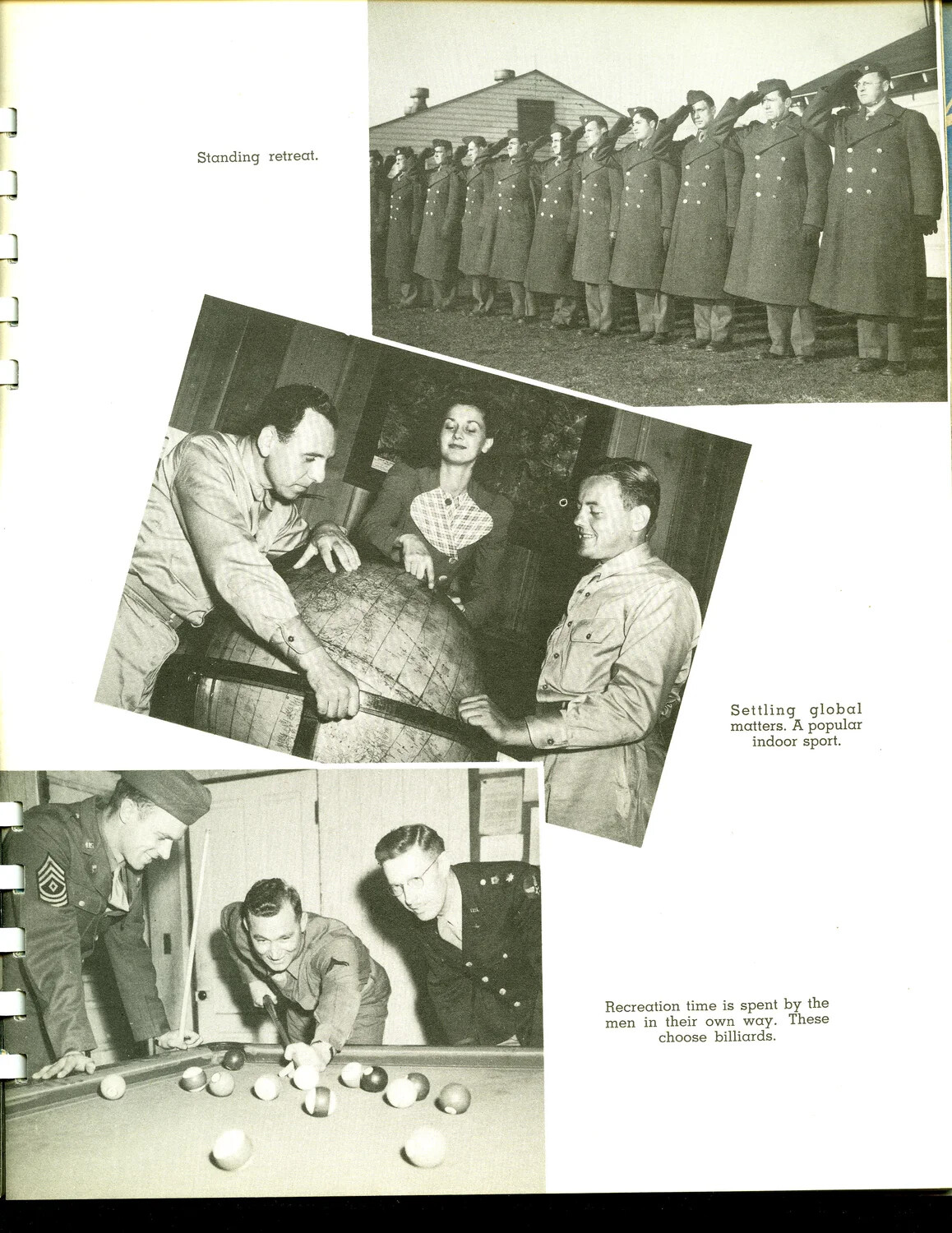 Scott Field Training Center Yearbook Page: Retreat Formation, Globe, and Billiards Recreation