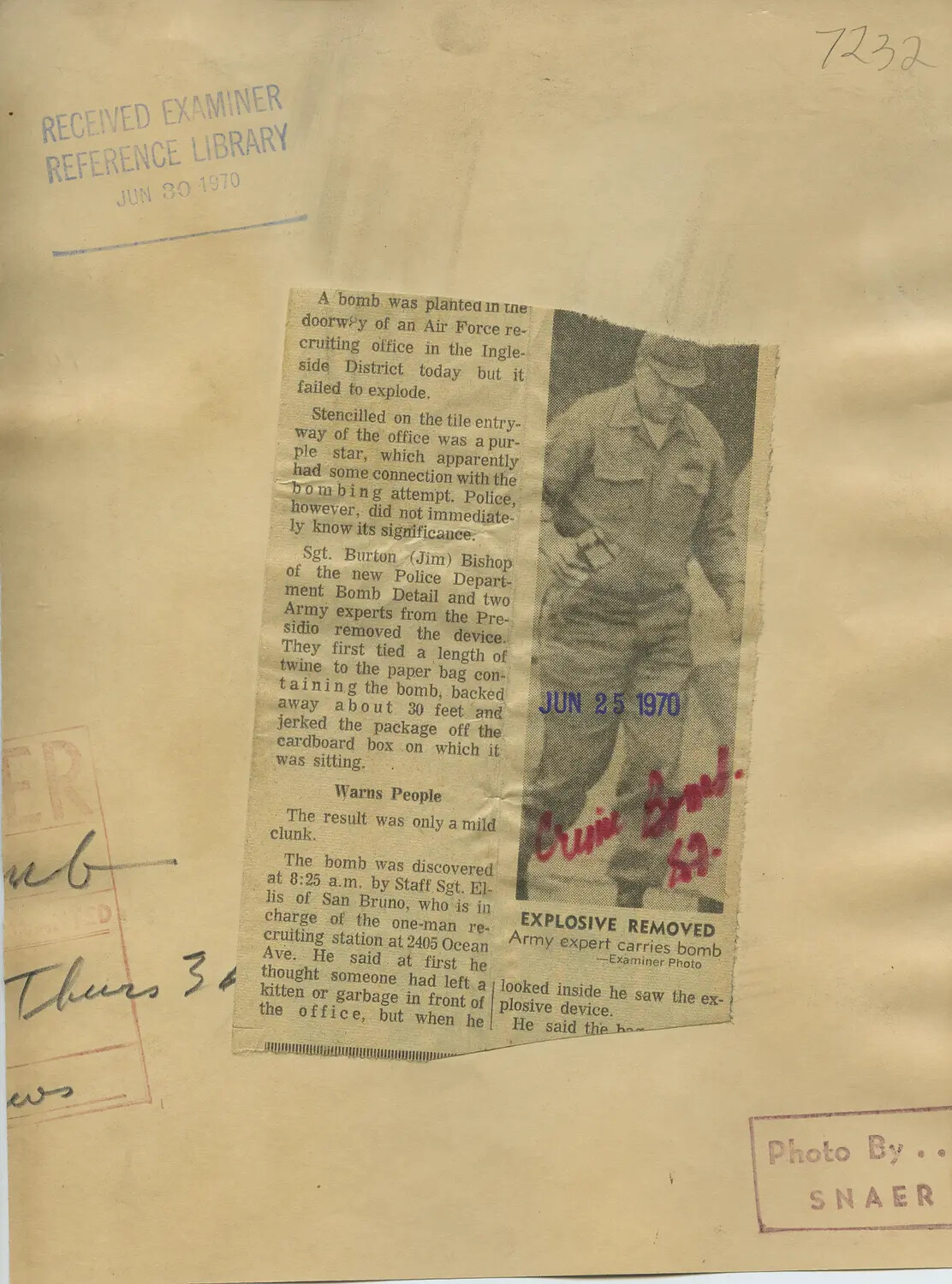 San Francisco Examiner Clipping: Bomb Found at Air Force Recruiting Office, Ingleside District, June 1970